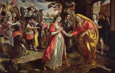 Rebecca stimmt zu, Eliezer zu folgen, ca. 1562 von Maarten de Vos